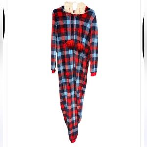 Peace, Love & Fashion XOXO red & blue plaid cozy onesie / size XL